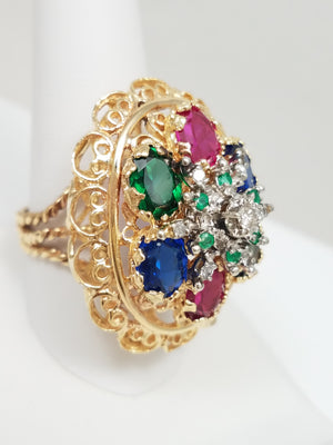 Grand Vintage 14k Yellow Gold Natural Diamond + Lab Gem Ring