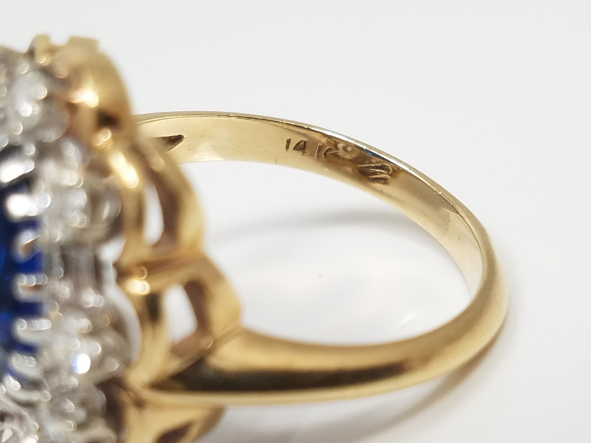 Vintage Lab Blue Gem + Natural Diamond 14k Two Tone Gold Ring