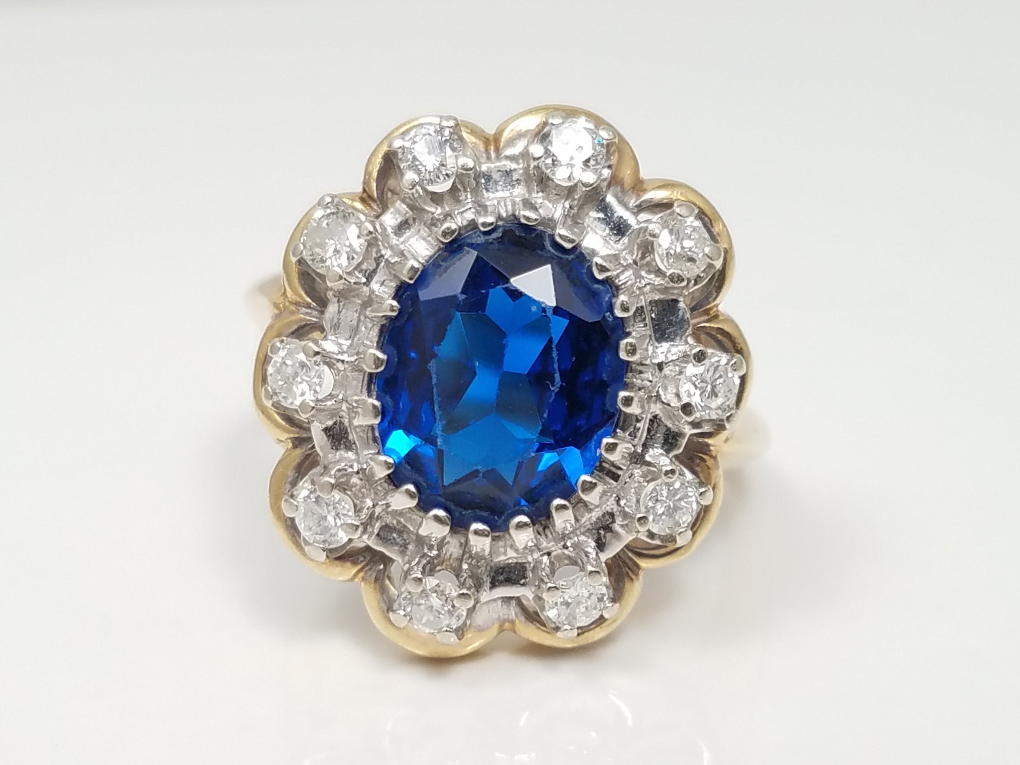 Vintage Lab Blue Gem + Natural Diamond 14k Two Tone Gold Ring