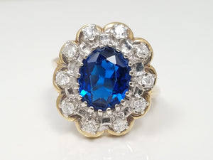 Vintage Lab Blue Gem + Natural Diamond 14k Two Tone Gold Ring