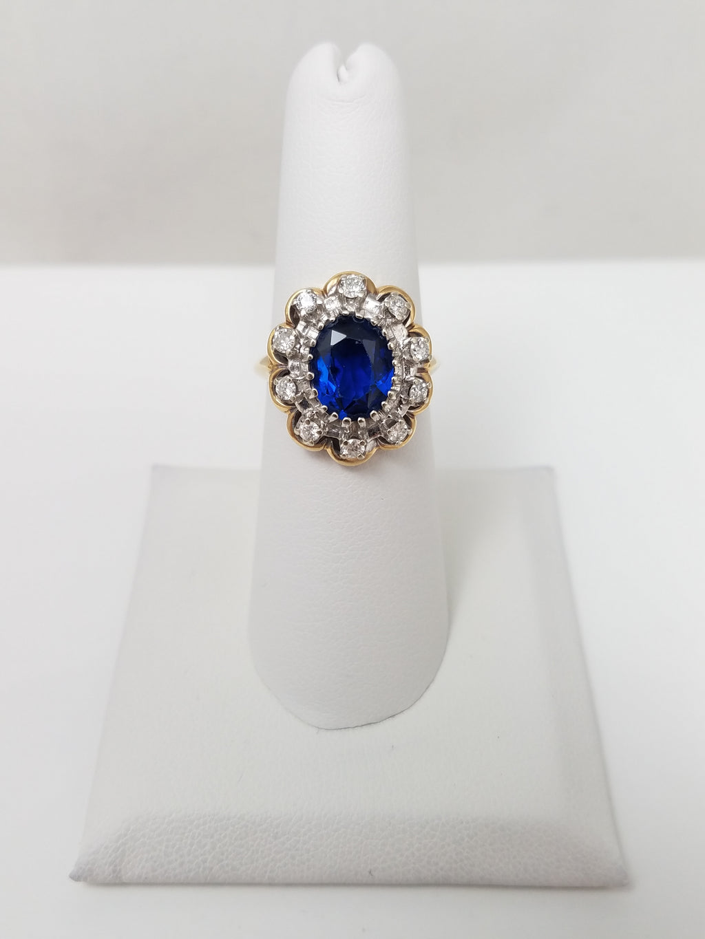 Vintage Lab Blue Gem + Natural Diamond 14k Two Tone Gold Ring