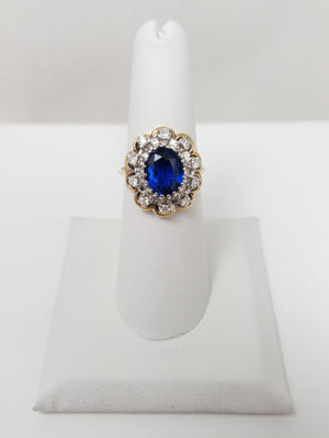 Vintage Lab Blue Gem + Natural Diamond 14k Two Tone Gold Ring