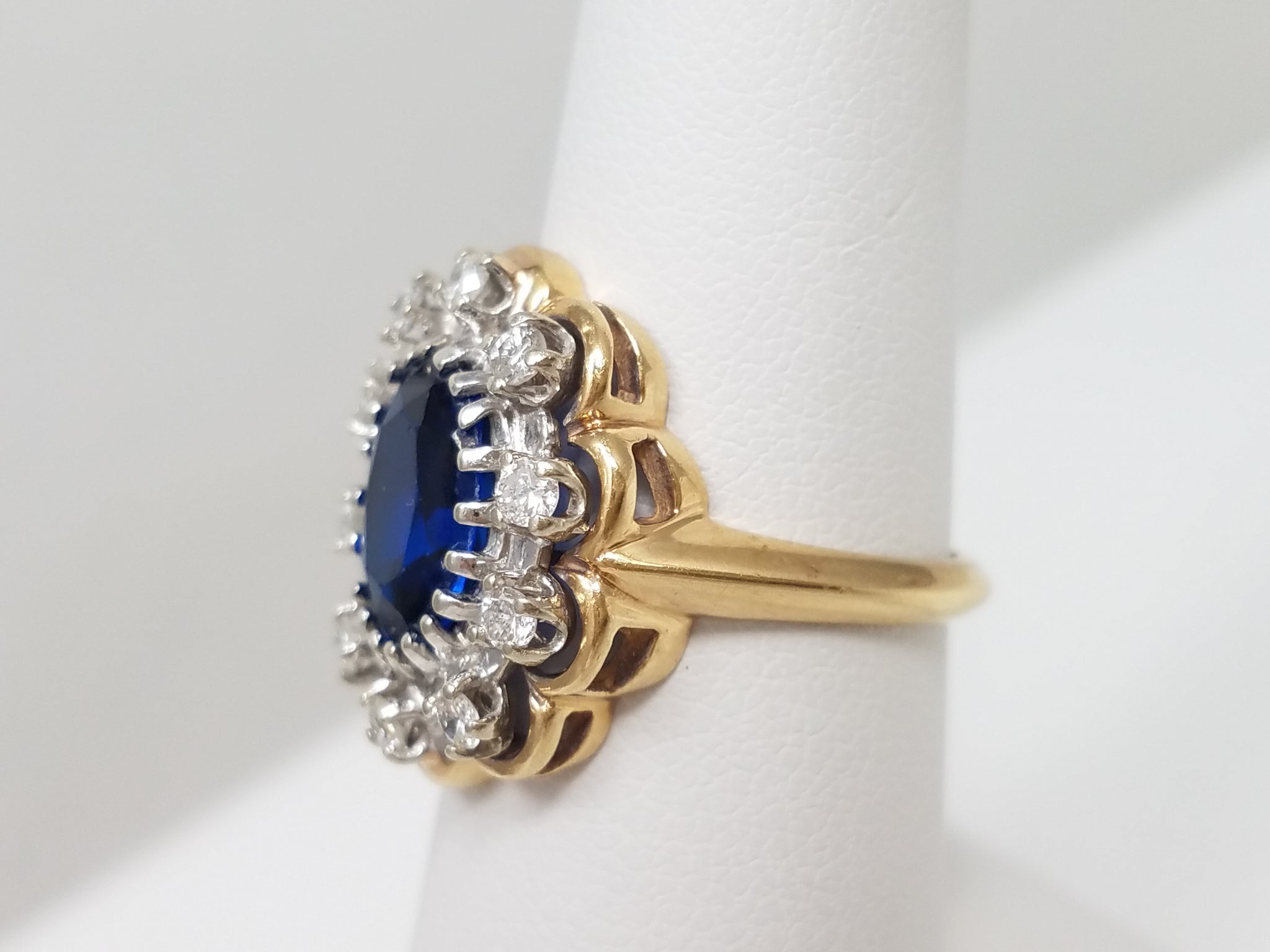Vintage Lab Blue Gem + Natural Diamond 14k Two Tone Gold Ring