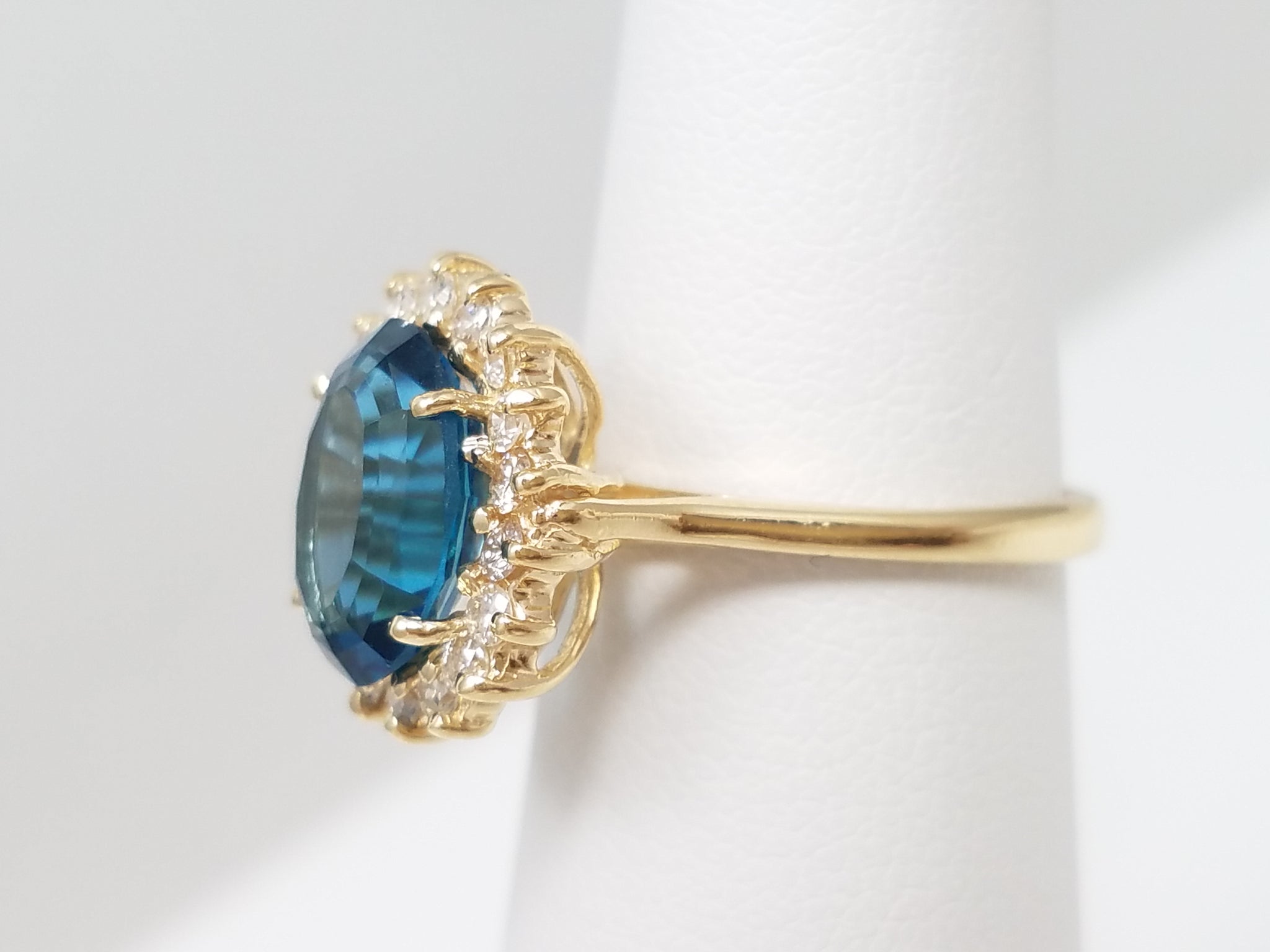 Natural Blue Topaz Diamond Halo 14k Yellow Gold Ring