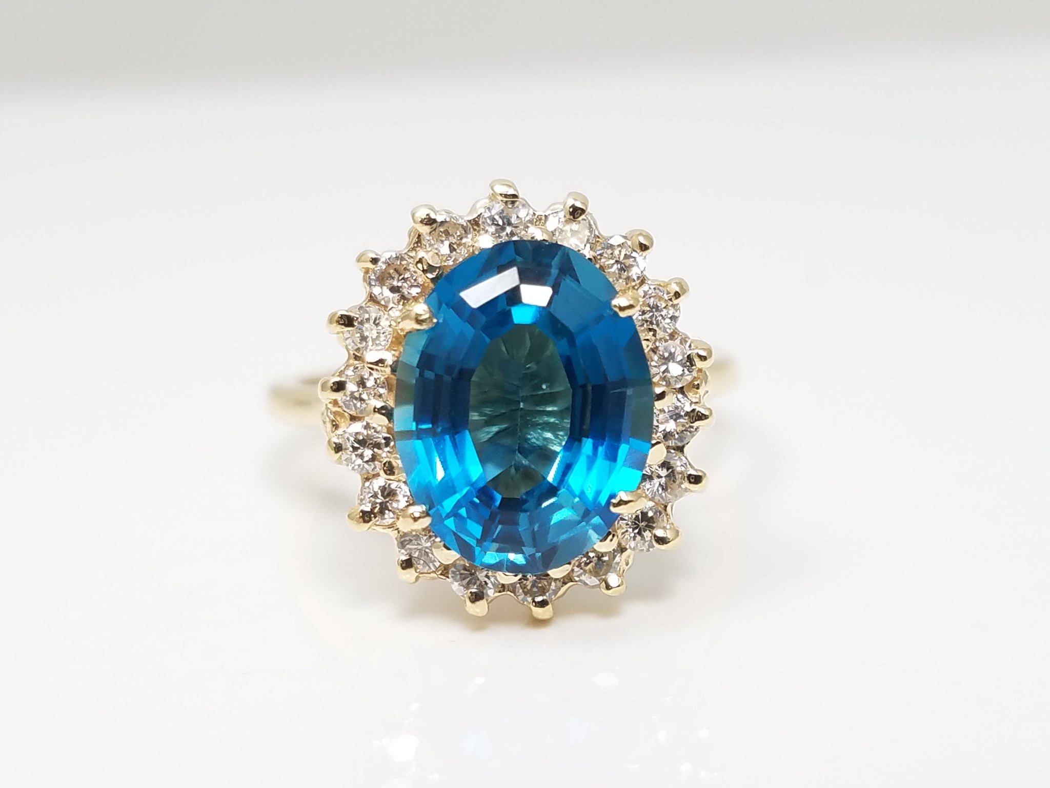 Natural Blue Topaz Diamond Halo 14k Yellow Gold Ring