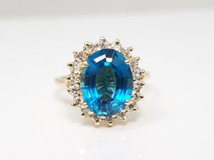 Natural Blue Topaz Diamond Halo 14k Yellow Gold Ring