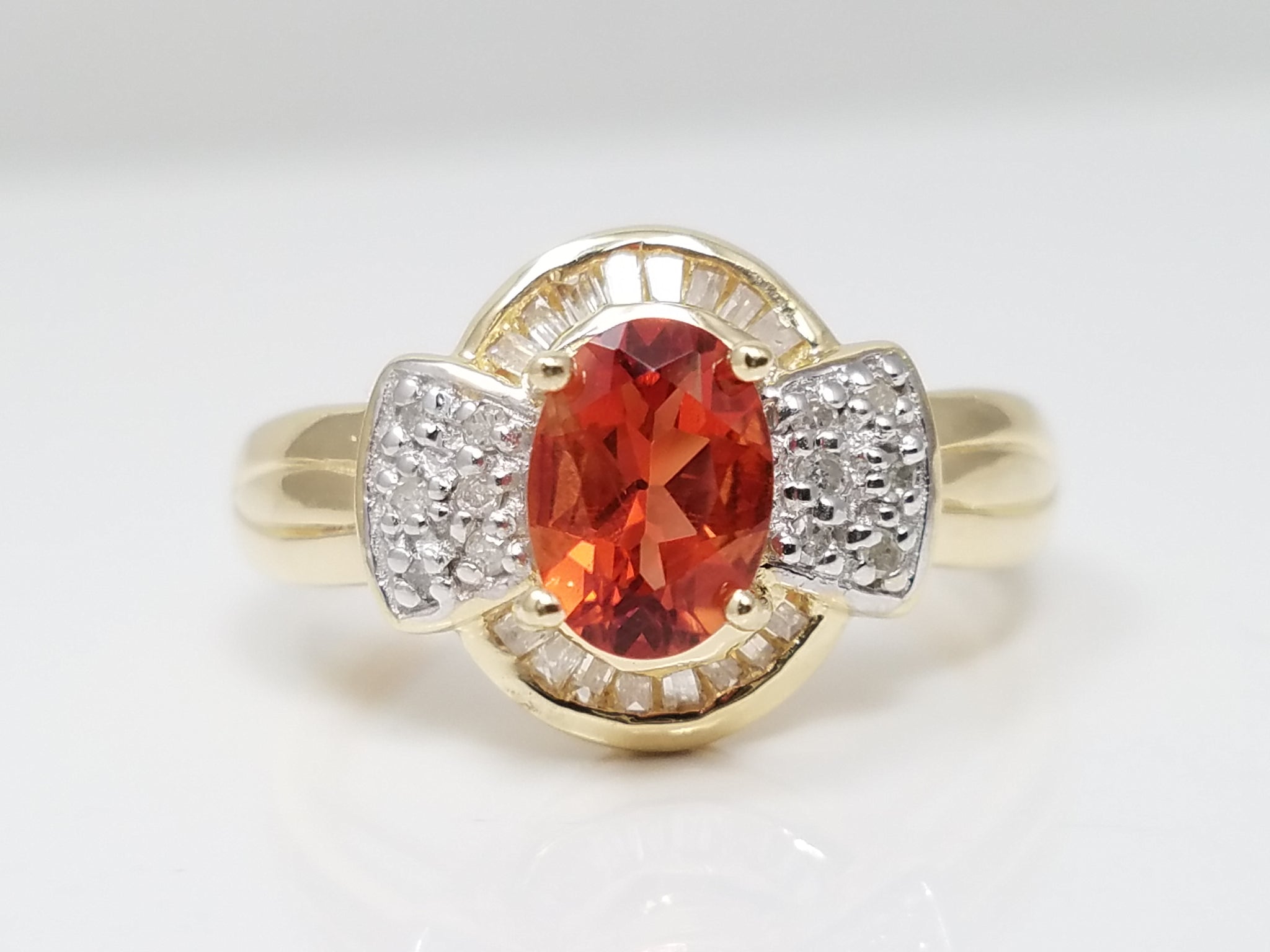 Gleaming 14k Yellow Gold Lab Created Orange Gemstone Natural Diamond Ring