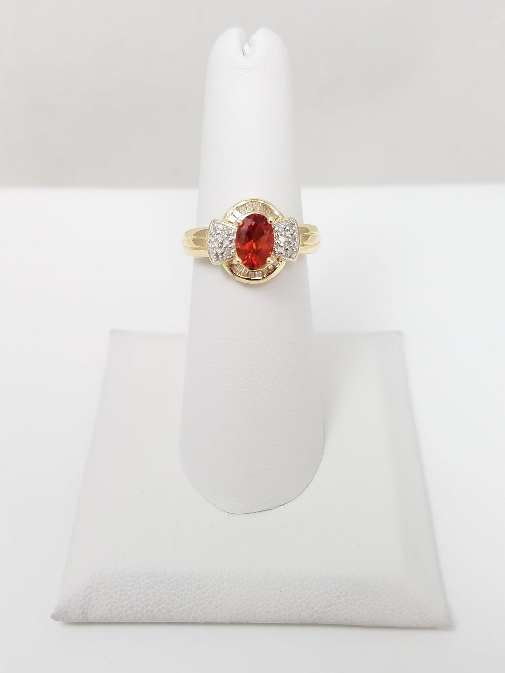 Gleaming 14k Yellow Gold Lab Created Orange Gemstone Natural Diamond Ring