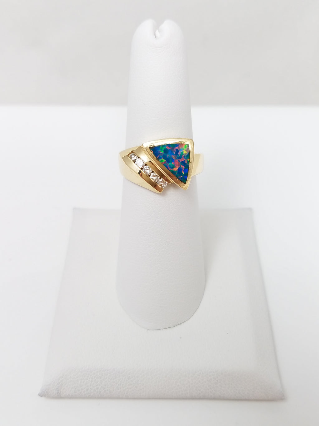 Colorful 14k Yellow Gold Lab Created Opal Natural Diamond Ring