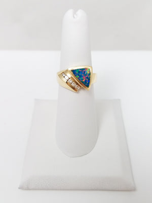 Colorful 14k Yellow Gold Lab Created Opal Natural Diamond Ring