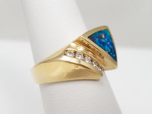 Colorful 14k Yellow Gold Lab Created Opal Natural Diamond Ring