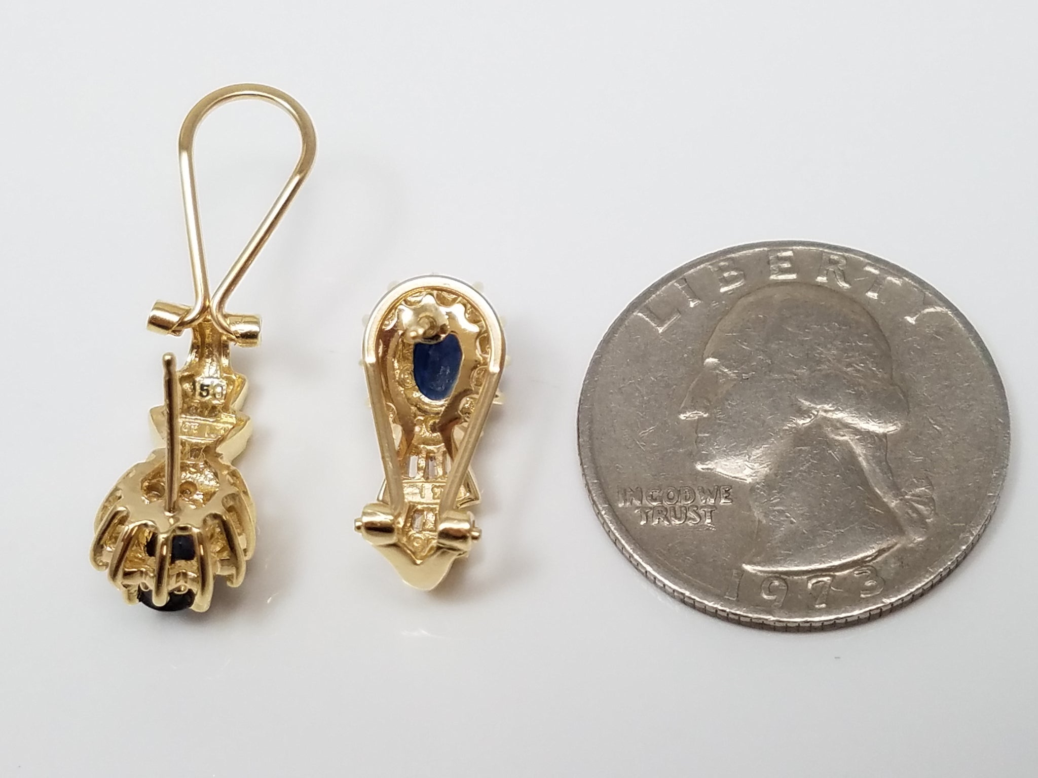 Gleaming 14k Yellow Gold Natural Sapphire Diamond Drop Earrings