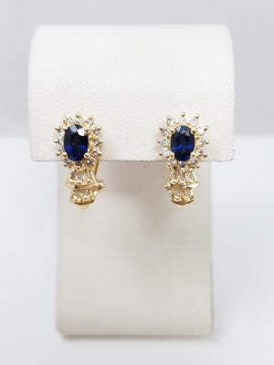 Gleaming 14k Yellow Gold Natural Sapphire Diamond Drop Earrings