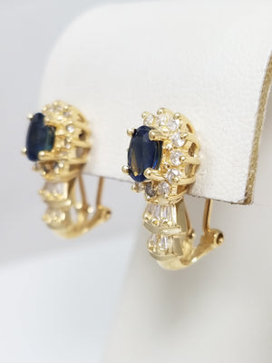 Gleaming 14k Yellow Gold Natural Sapphire Diamond Drop Earrings