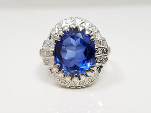 Elegant Vintage 14k White Gold Synthetic Sapphire Natural Diamond Ring