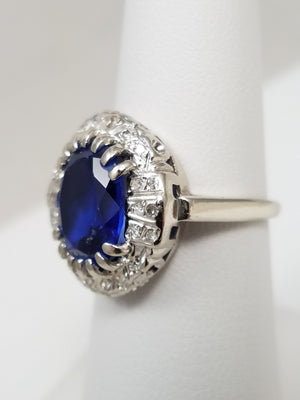 Elegant Vintage 14k White Gold Synthetic Sapphire Natural Diamond Ring