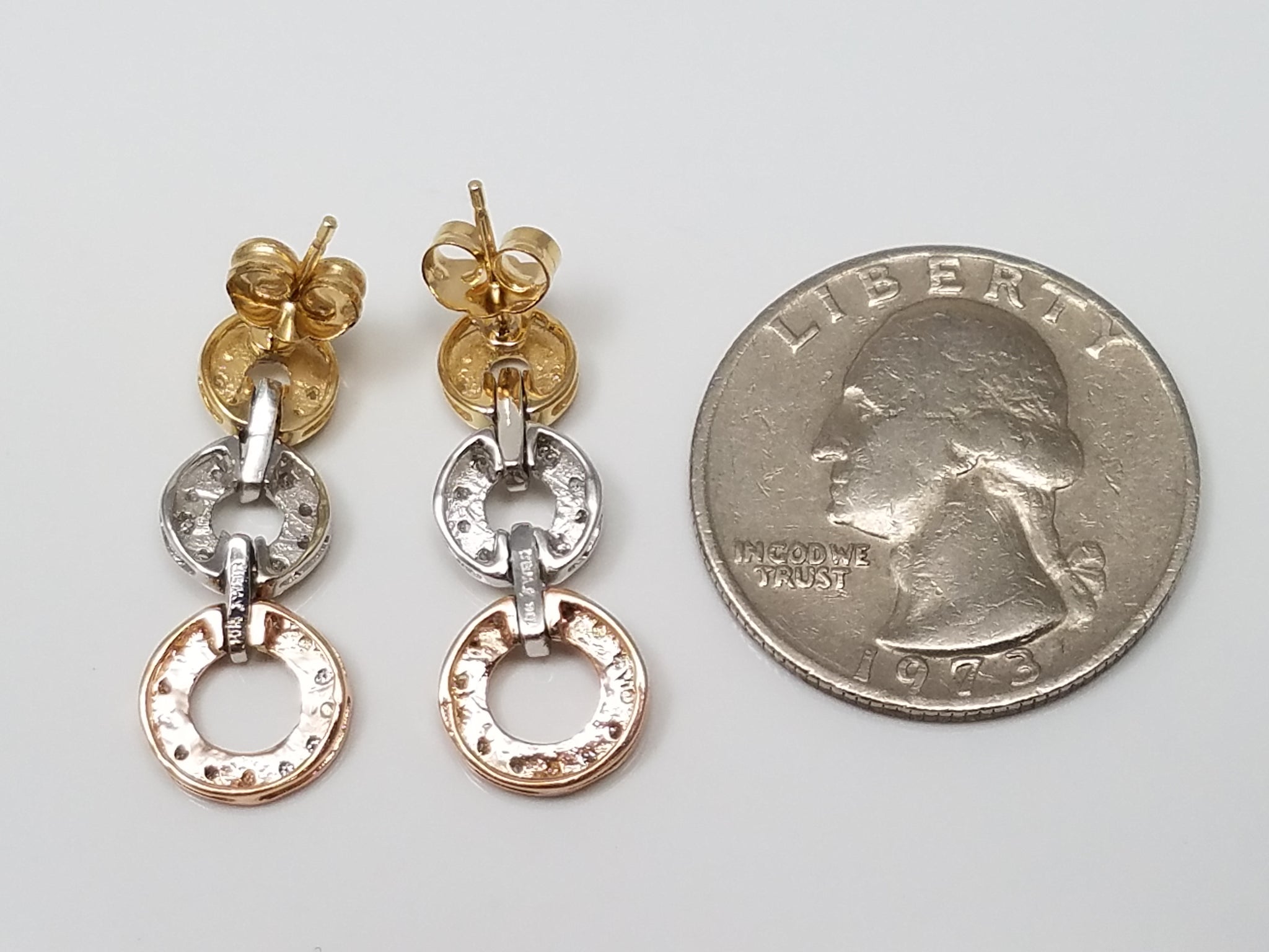 Fashionable 10k Tri Color Gold Natural Diamond Dangle Earrings