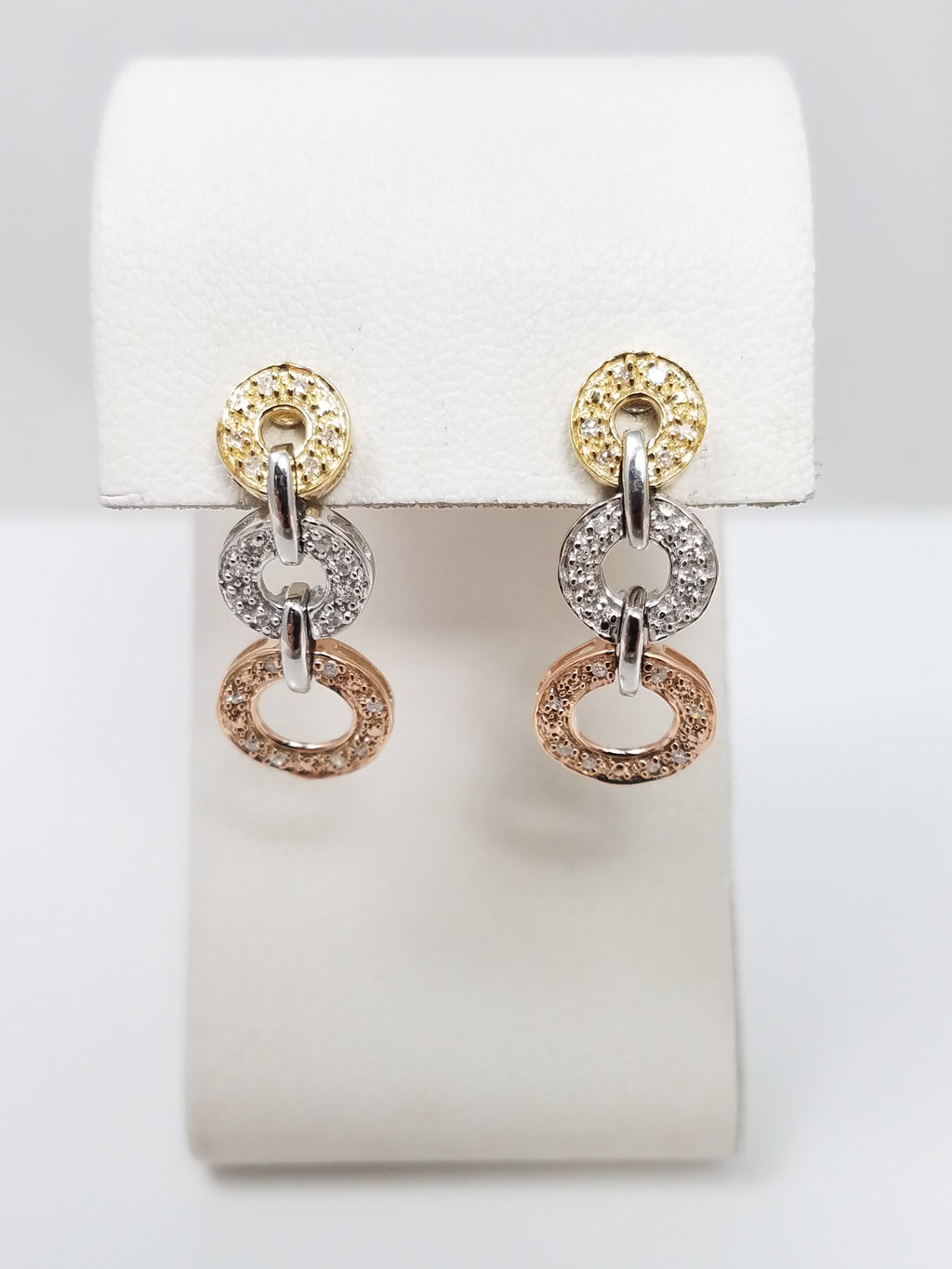 Fashionable 10k Tri Color Gold Natural Diamond Dangle Earrings