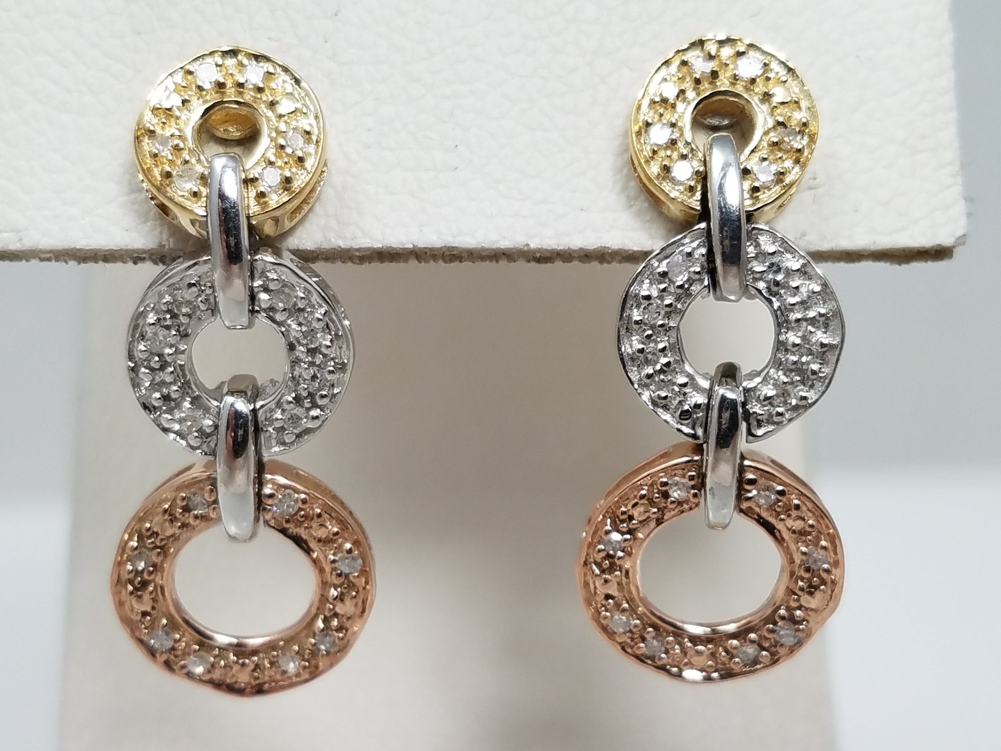Fashionable 10k Tri Color Gold Natural Diamond Dangle Earrings