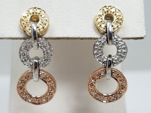 Fashionable 10k Tri Color Gold Natural Diamond Dangle Earrings