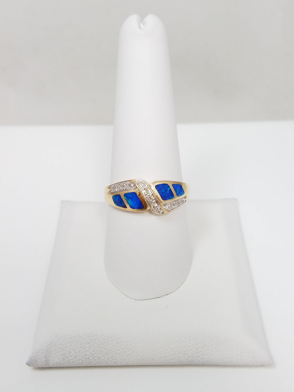 Smooth 14k Yellow Gold Inlaid Lab Grown Opal Natural Diamond Ring Band