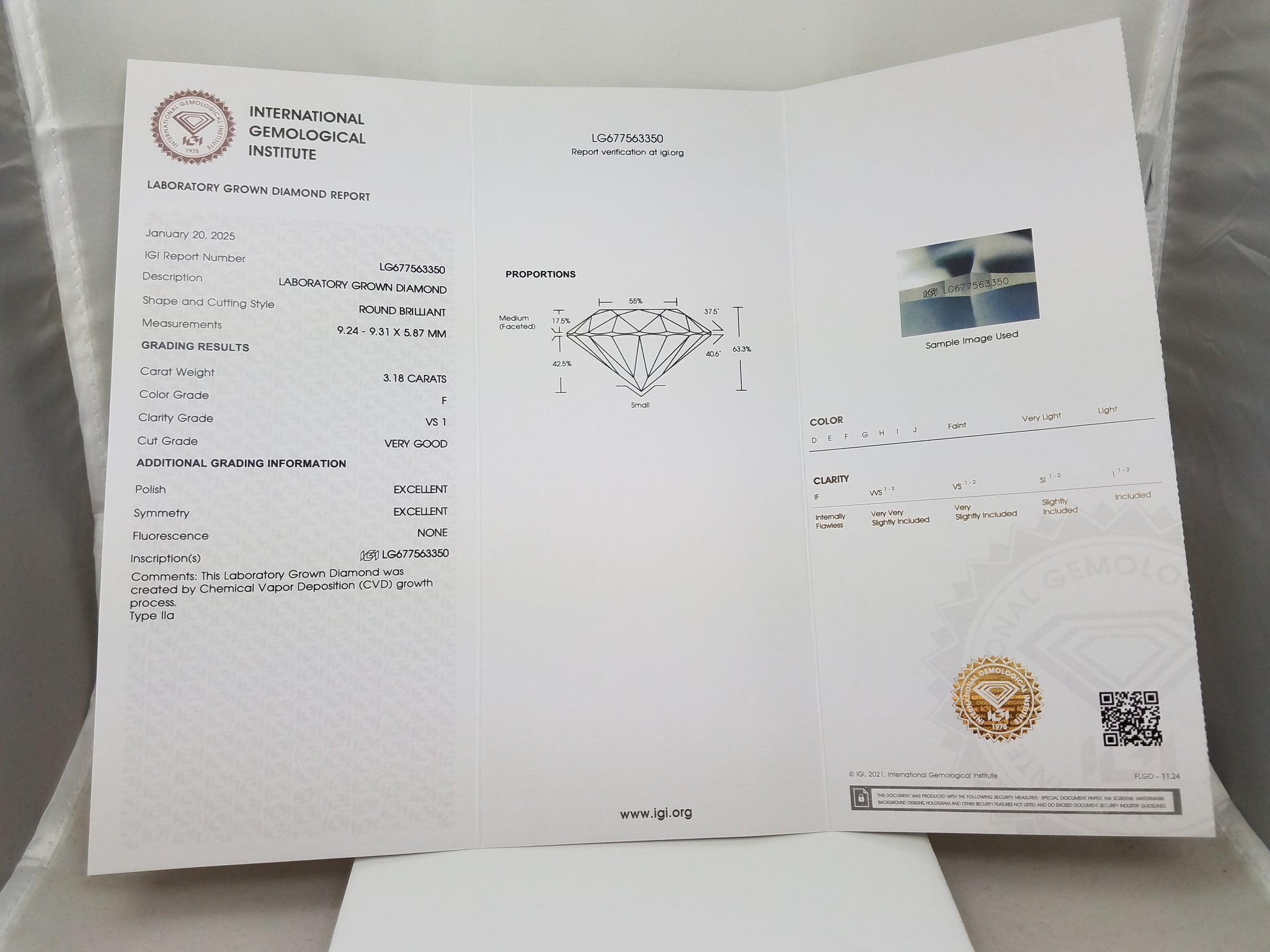NEW IGI Certified Lab Grown 3.18ct European Cut Diamond VS1 - F