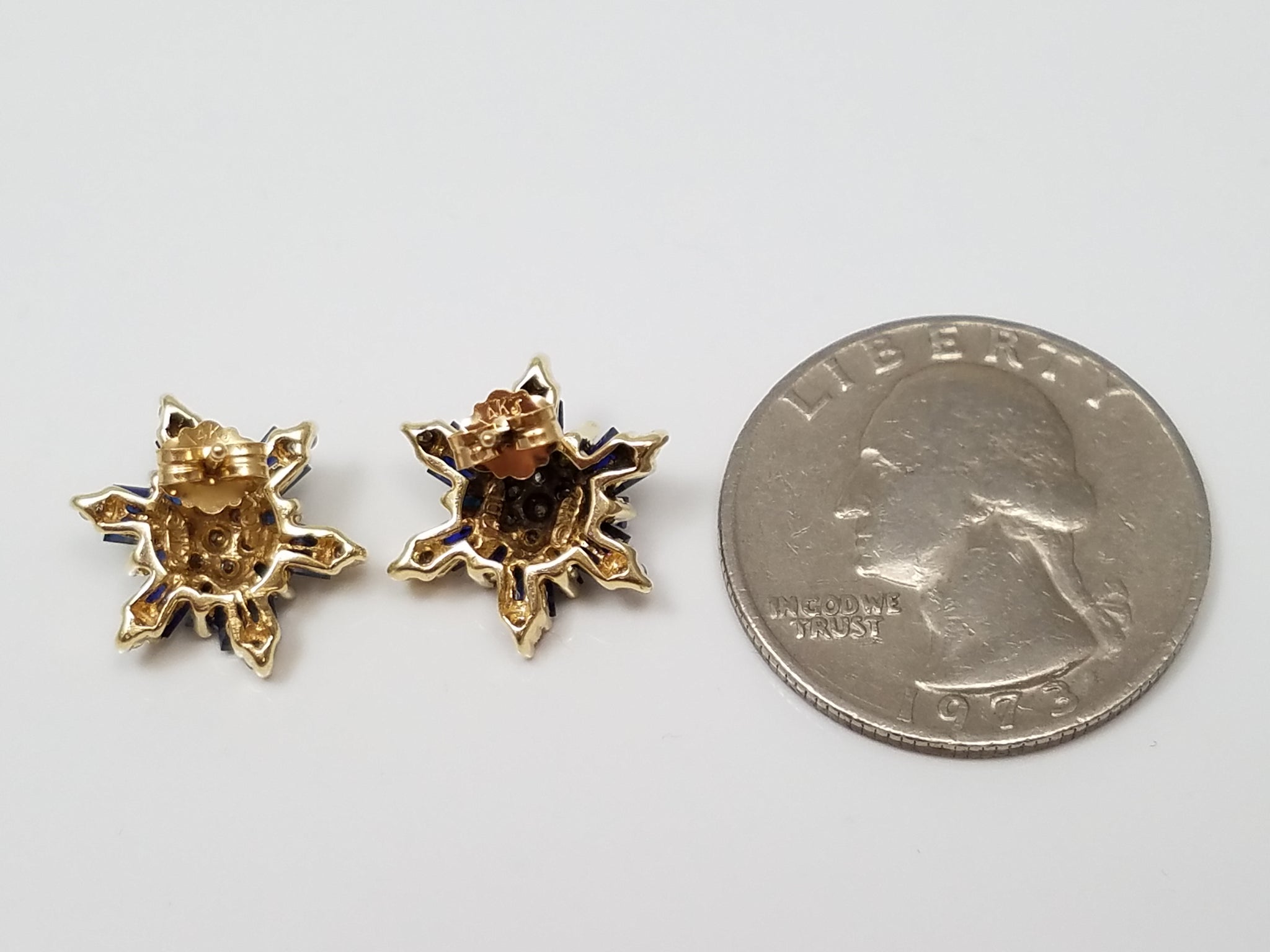 Super 14k Yellow Gold Natural Sapphire Diamond Starburst Earrings