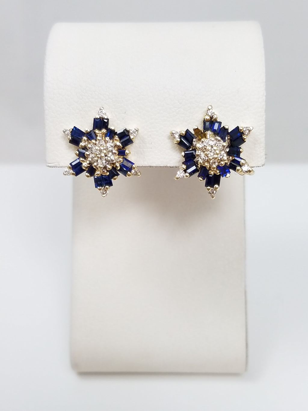 Super 14k Yellow Gold Natural Sapphire Diamond Starburst Earrings