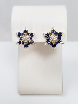 Super 14k Yellow Gold Natural Sapphire Diamond Starburst Earrings