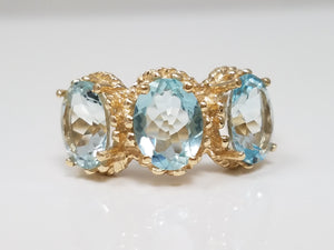 Brilliant 10k Yellow Gold Natural Aquamarine Three Stone Ring