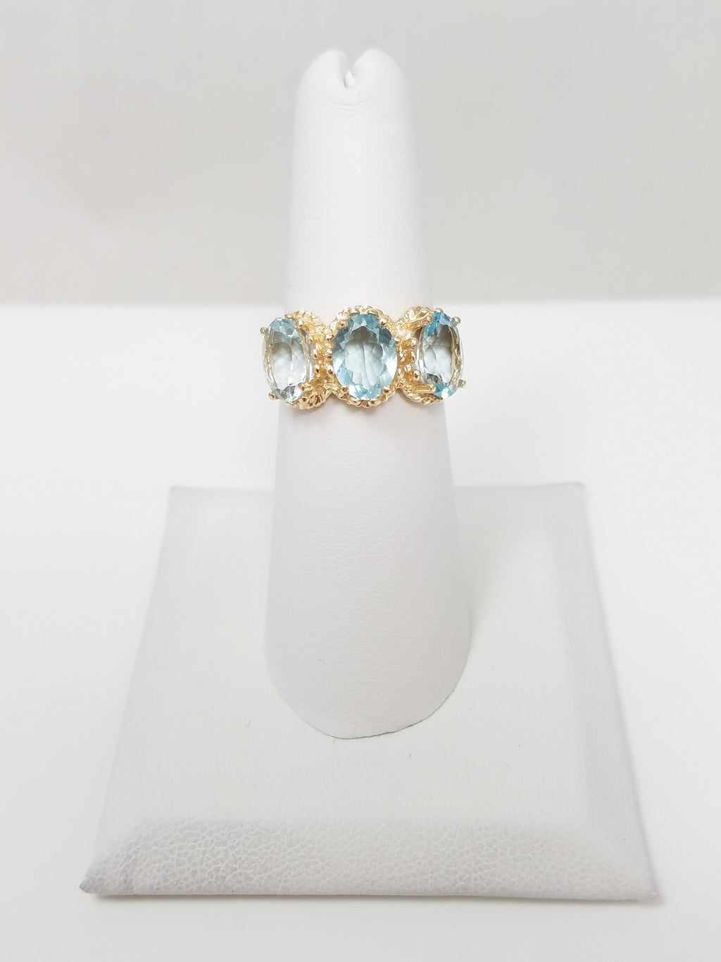 Brilliant 10k Yellow Gold Natural Aquamarine Three Stone Ring