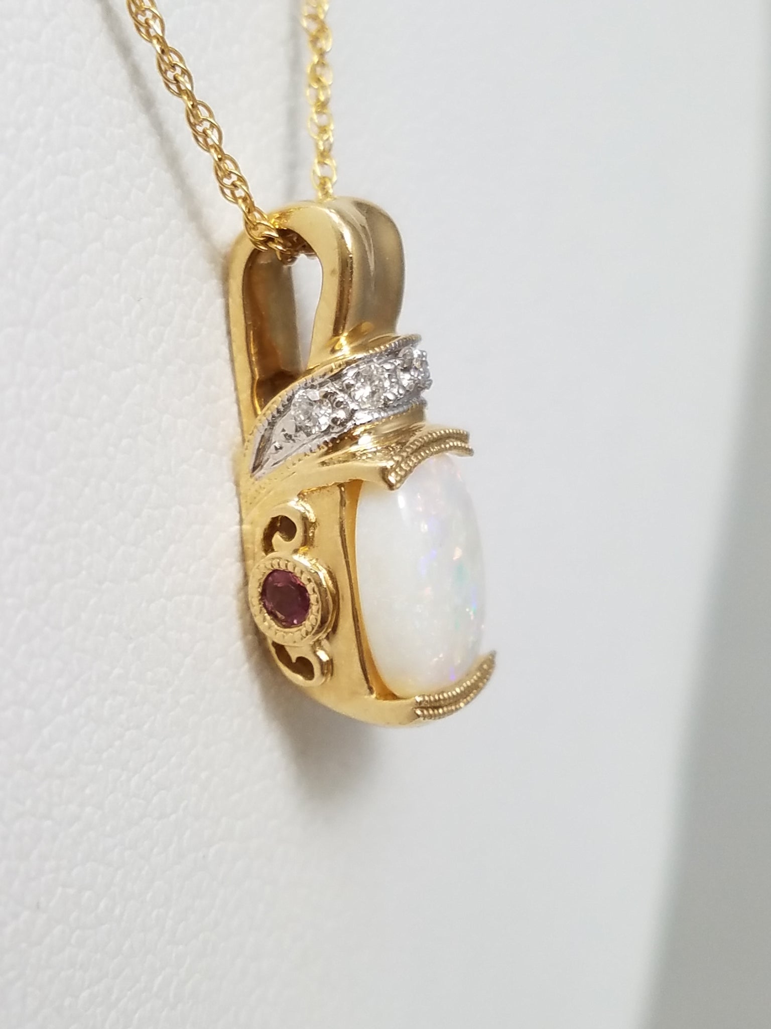 Lively 14k Yellow Gold Natural Australian Opal, Tourmaline, & Diamond Pendant 18" Necklace