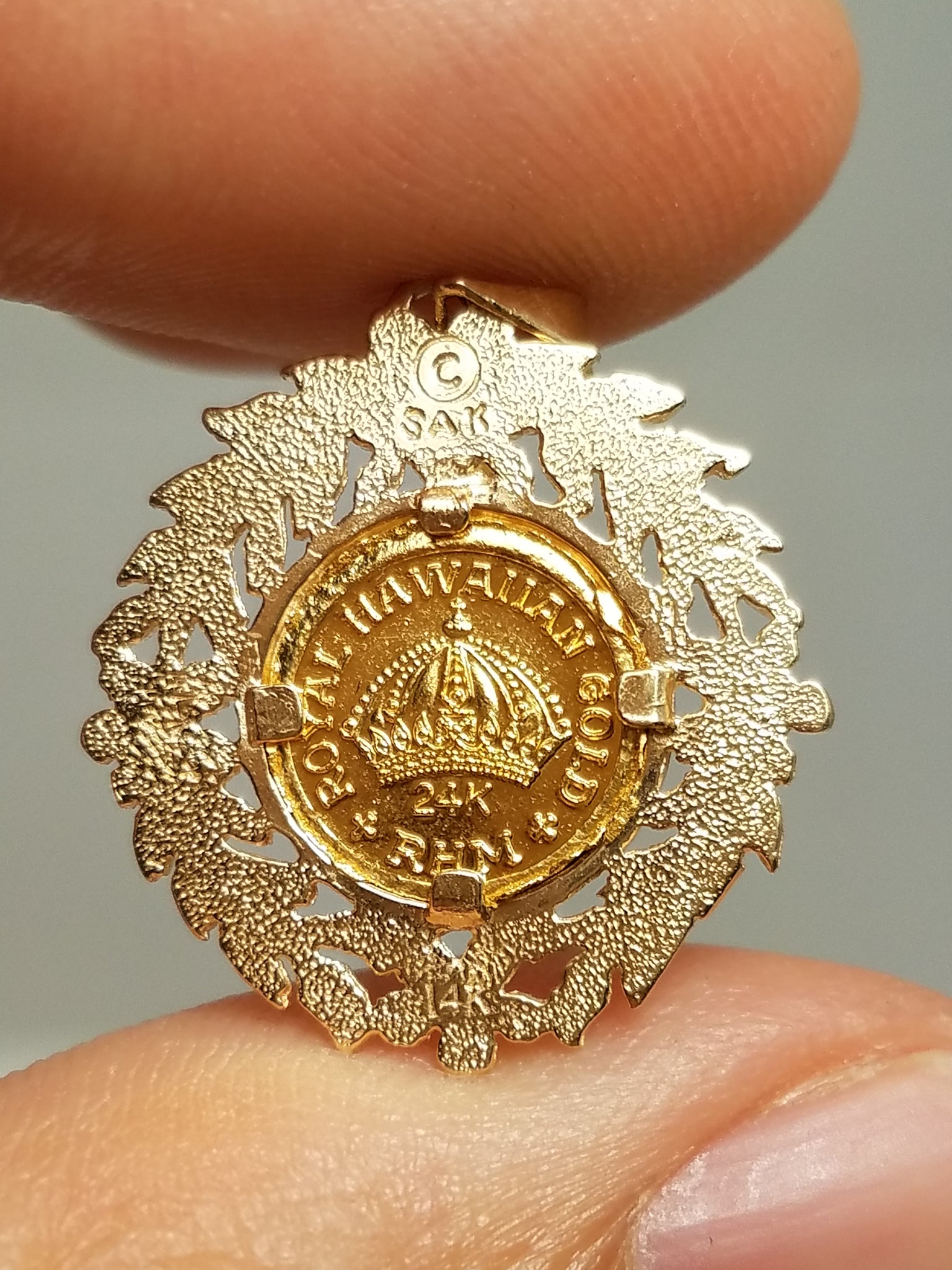1991 Royal Hawaiian 24k Gold Coin in 14k Gold Pendant