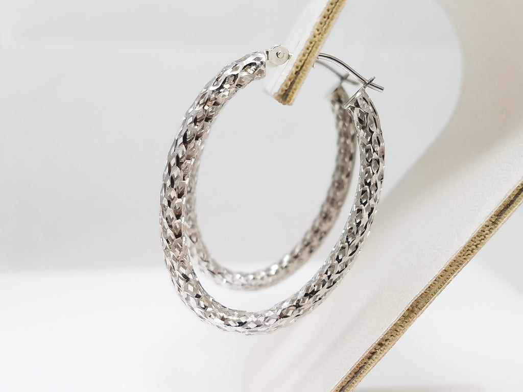 Cool 14k White Gold Diamond Cut See Through Elongated Hoop Earrings