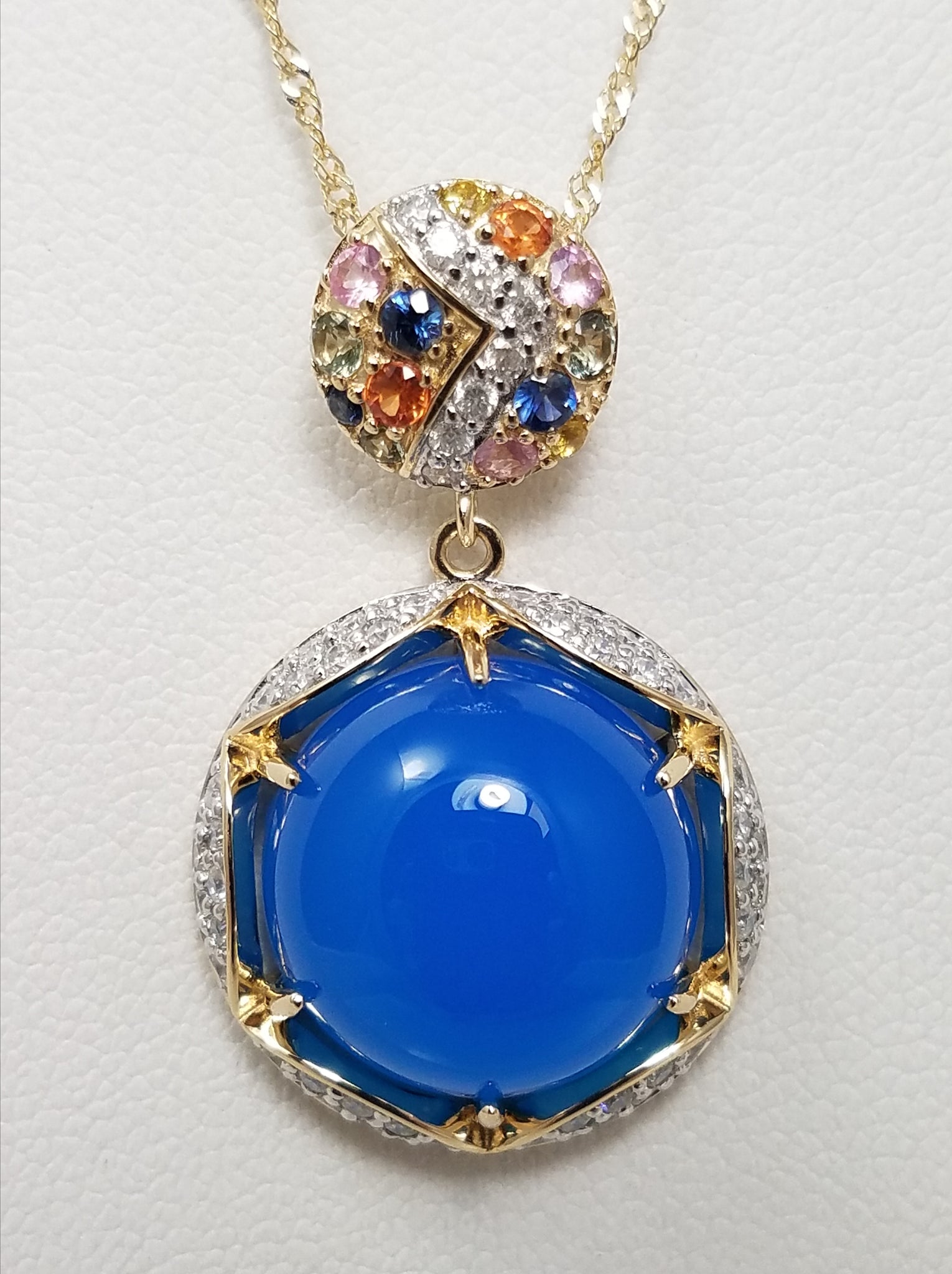 NEW Colorful Chalcedony Rainbow Sapphire Diamond 14k Yellow Gold Pendant Necklace