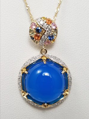 NEW Colorful Chalcedony Rainbow Sapphire Diamond 14k Yellow Gold Pendant Necklace