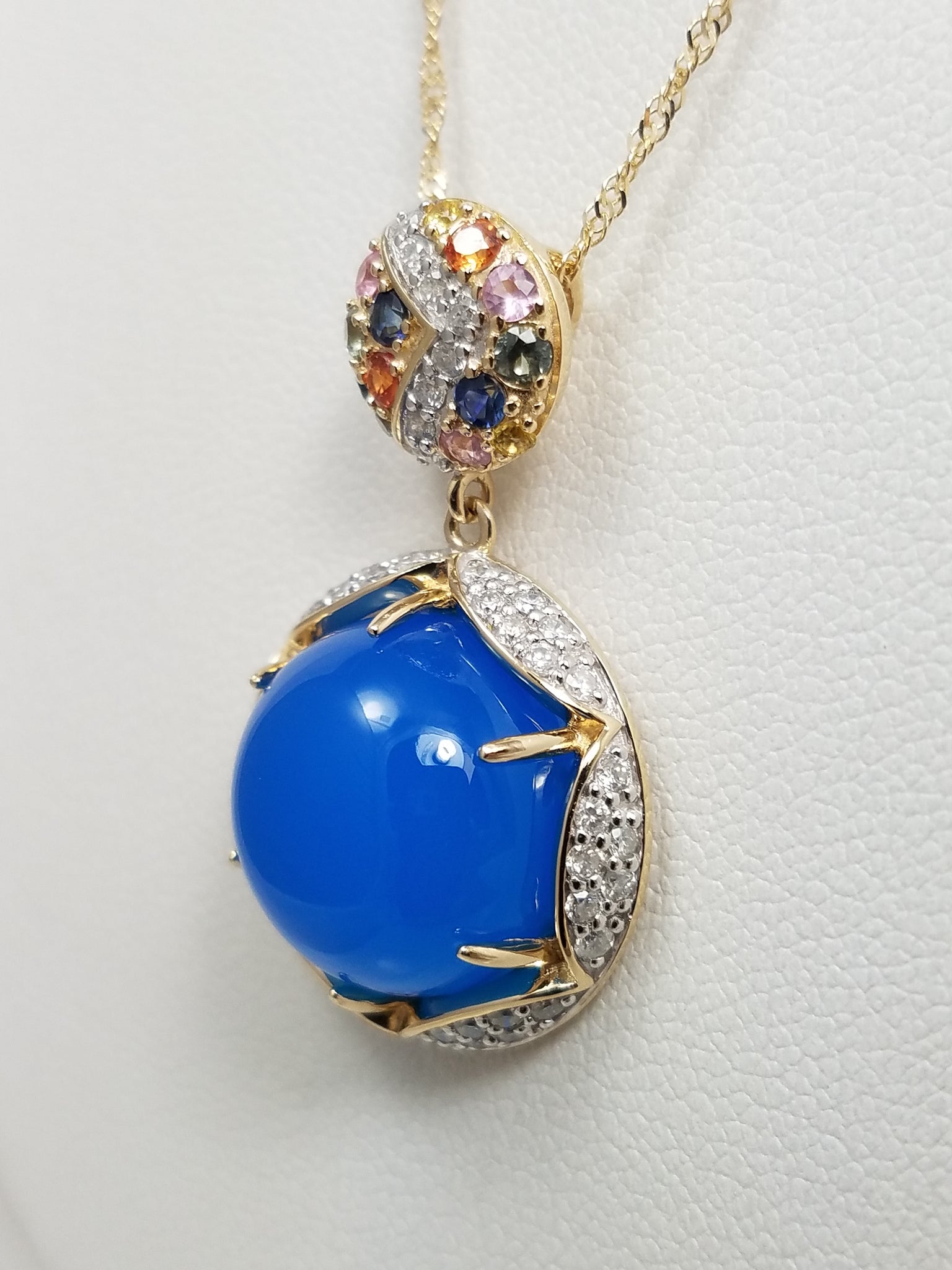 NEW Colorful Chalcedony Rainbow Sapphire Diamond 14k Yellow Gold Pendant Necklace