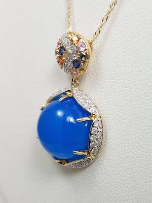 NEW Colorful Chalcedony Rainbow Sapphire Diamond 14k Yellow Gold Pendant Necklace