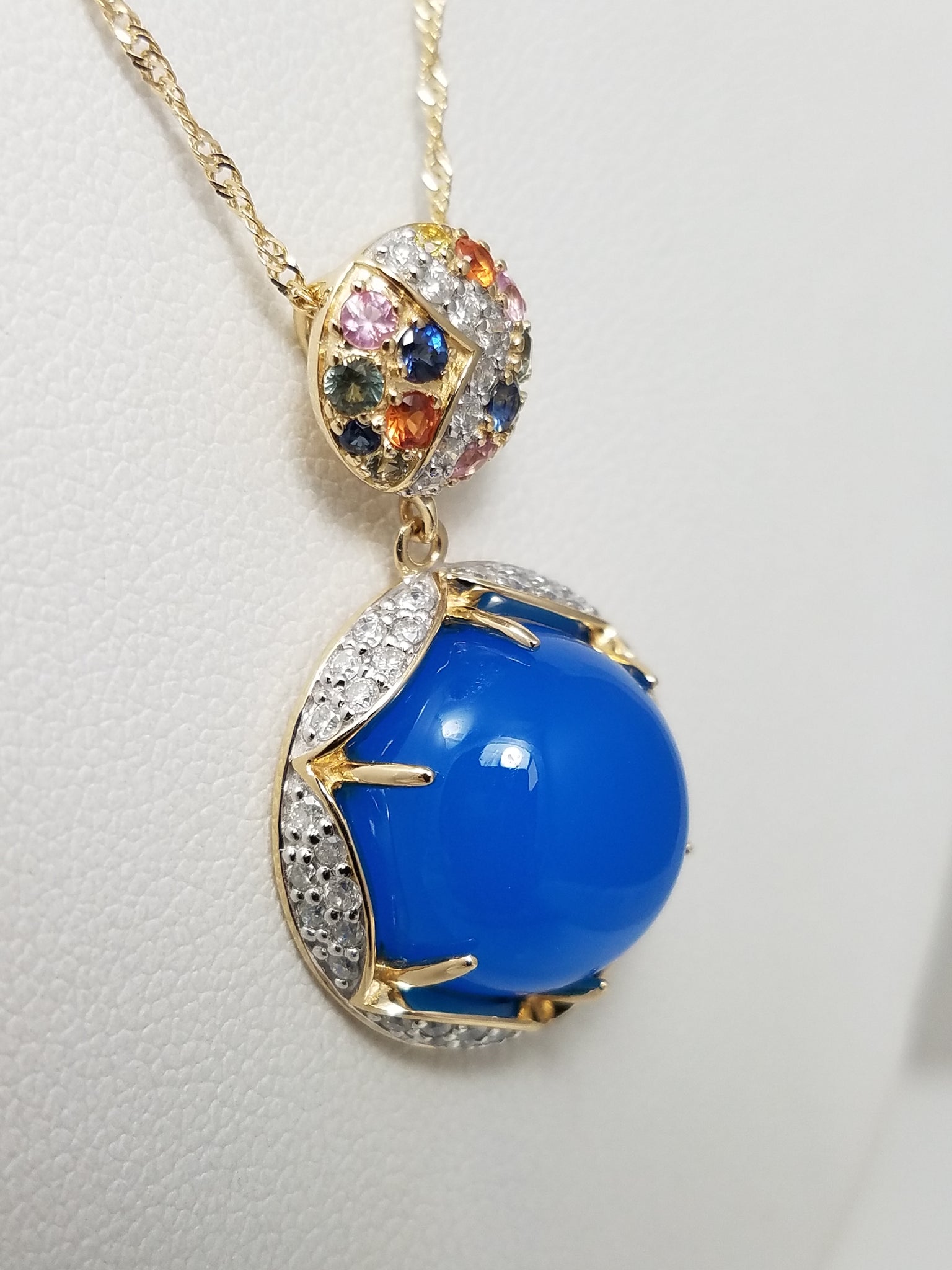 NEW Colorful Chalcedony Rainbow Sapphire Diamond 14k Yellow Gold Pendant Necklace
