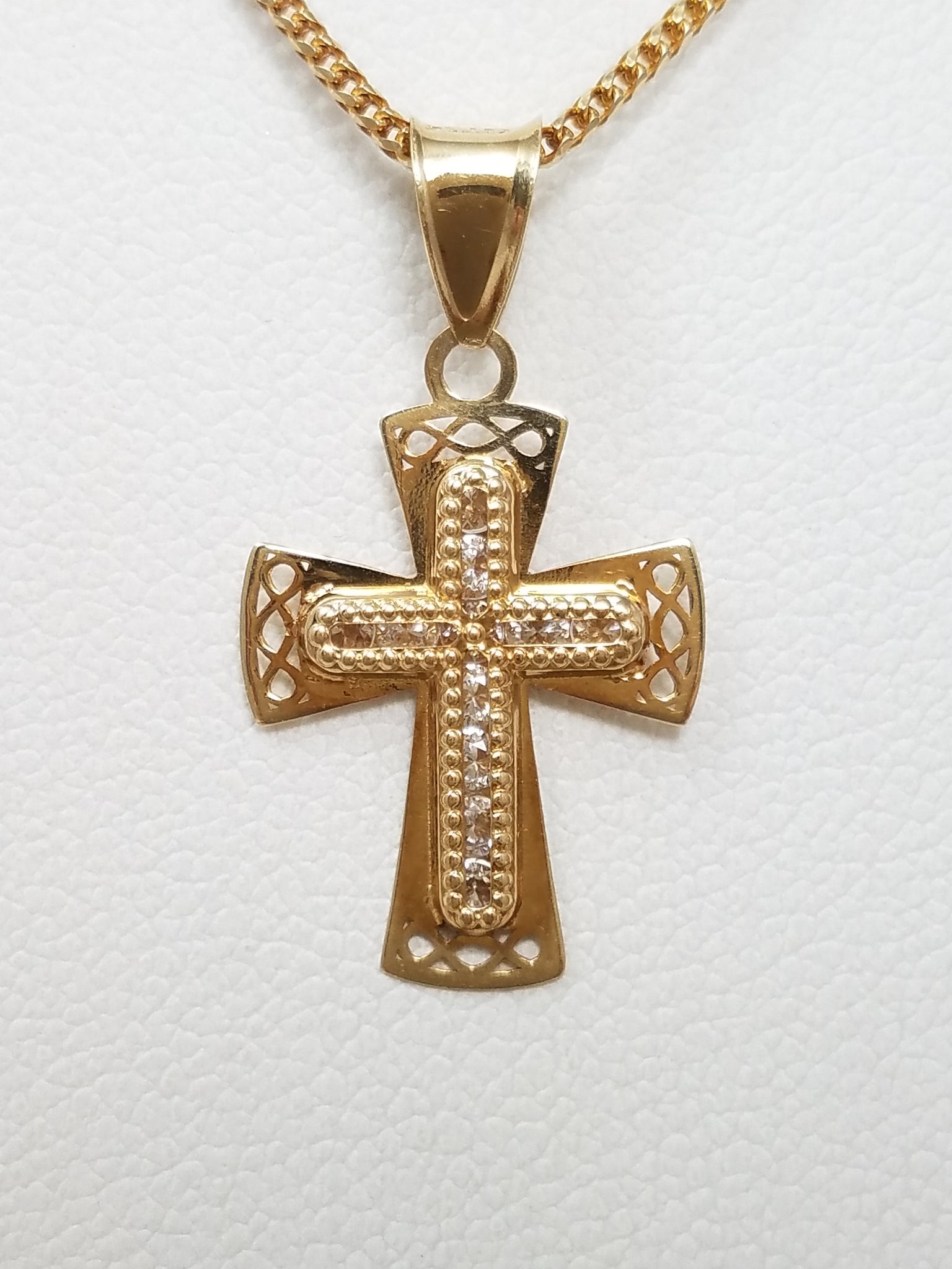 Petite 18" 10k Yellow Gold Cubic Zirconia Cross Pendant Necklace