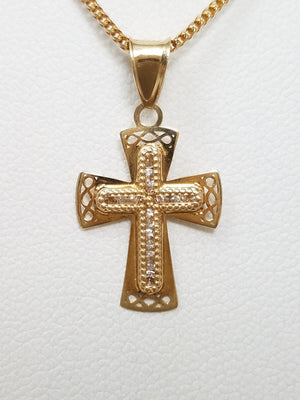 Petite 18" 10k Yellow Gold Cubic Zirconia Cross Pendant Necklace
