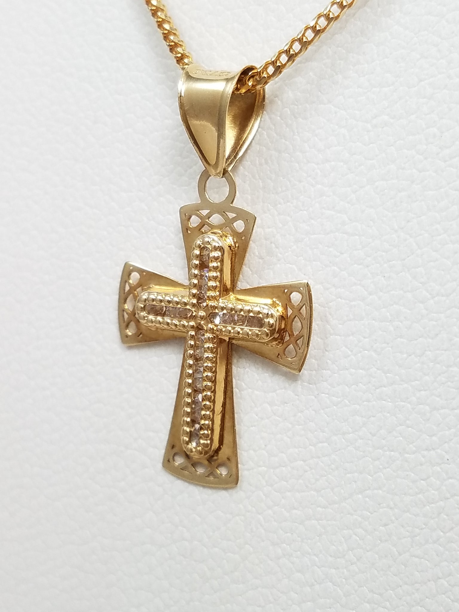 Petite 18" 10k Yellow Gold Cubic Zirconia Cross Pendant Necklace
