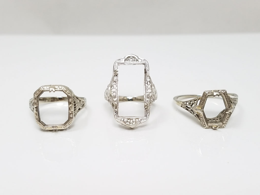 Three fantastic 14k White Gold 1930's Art Deco Filigree Ring Mounts To Restore