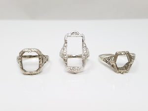Three fantastic 14k White Gold 1930's Art Deco Filigree Ring Mounts To Restore