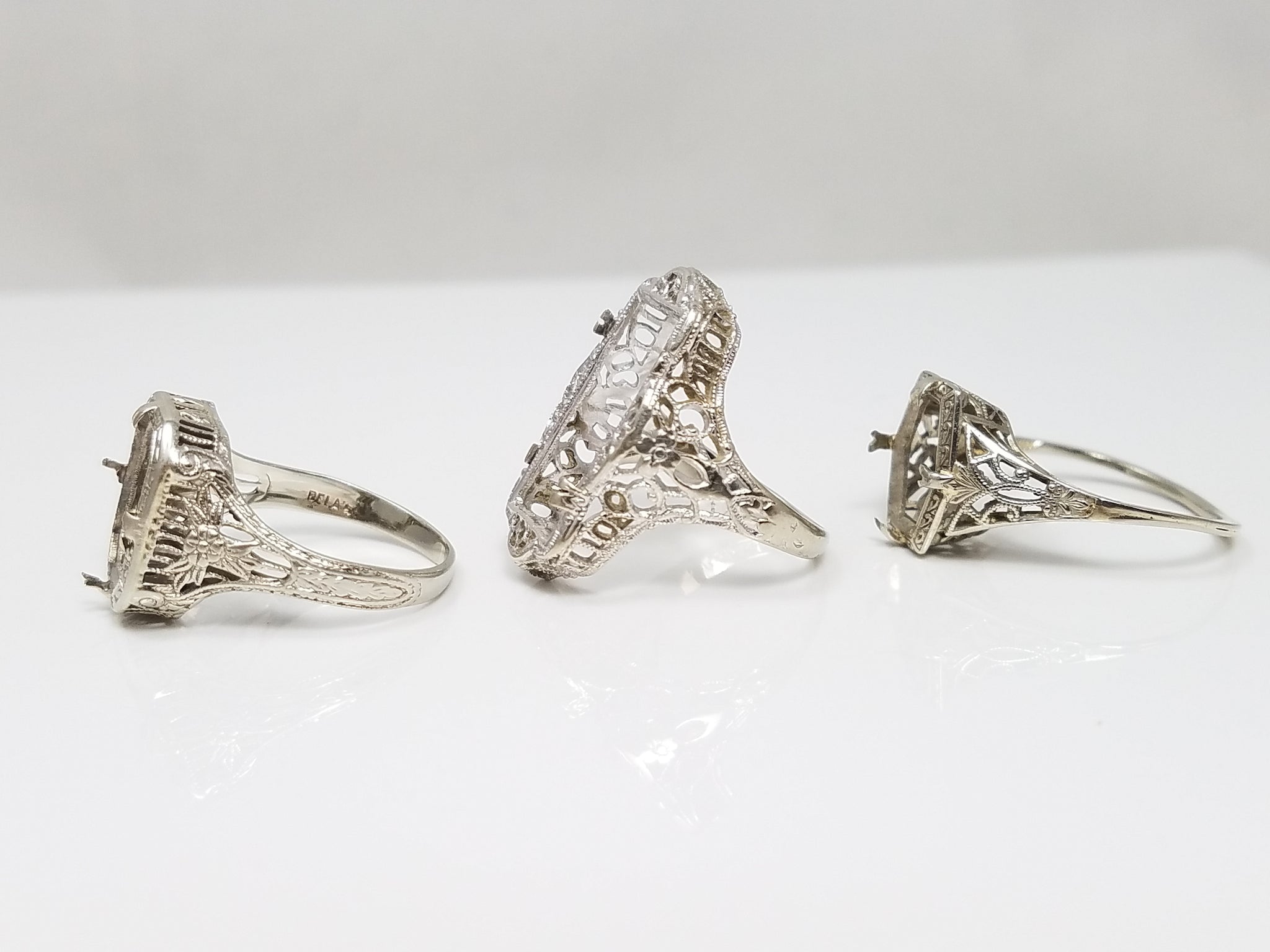 Three fantastic 14k White Gold 1930's Art Deco Filigree Ring Mounts To Restore