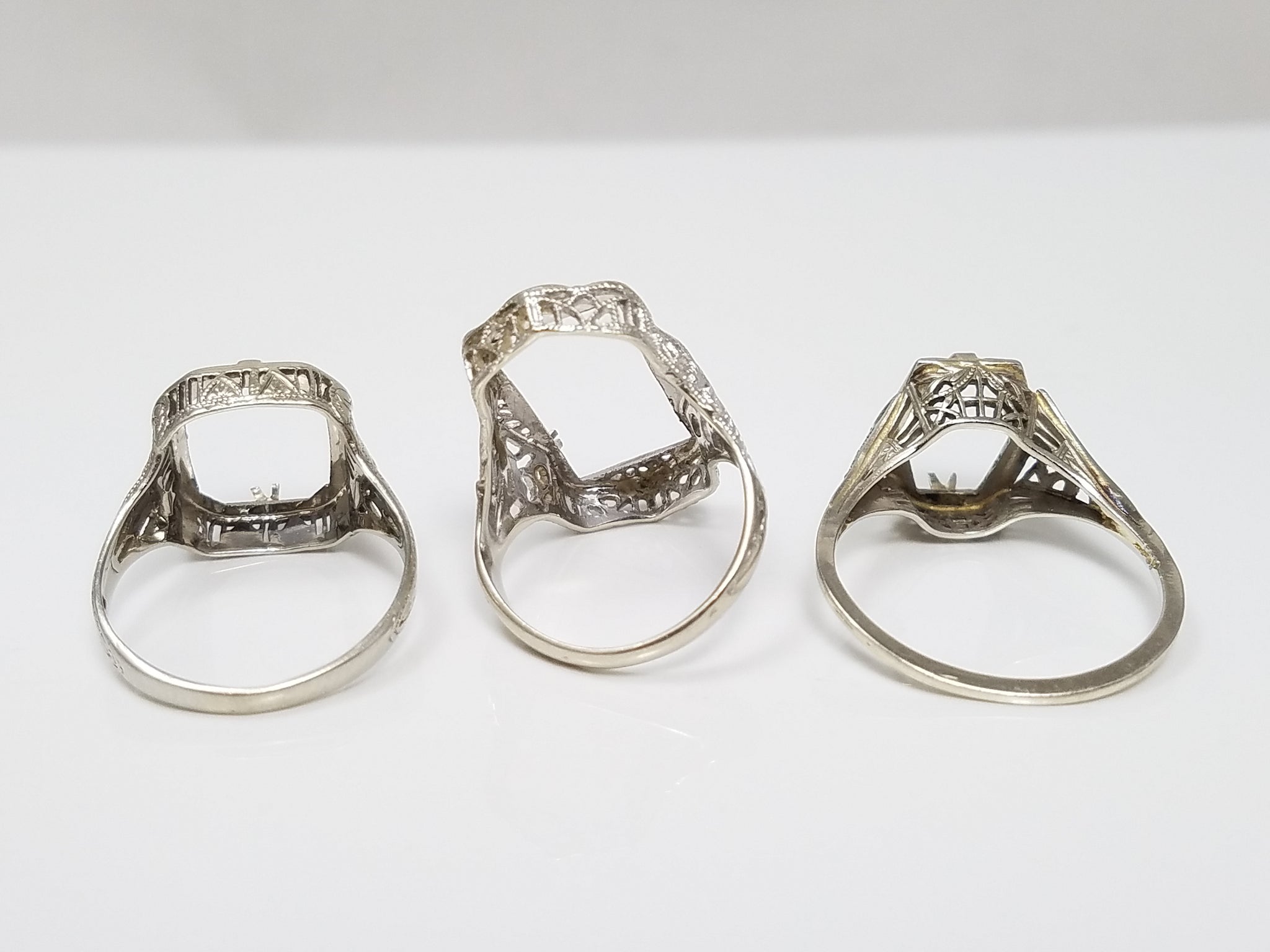 Three fantastic 14k White Gold 1930's Art Deco Filigree Ring Mounts To Restore
