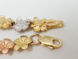 Precious 7.25" 14k Tri Color Gold Plumeria Flower Bracelet