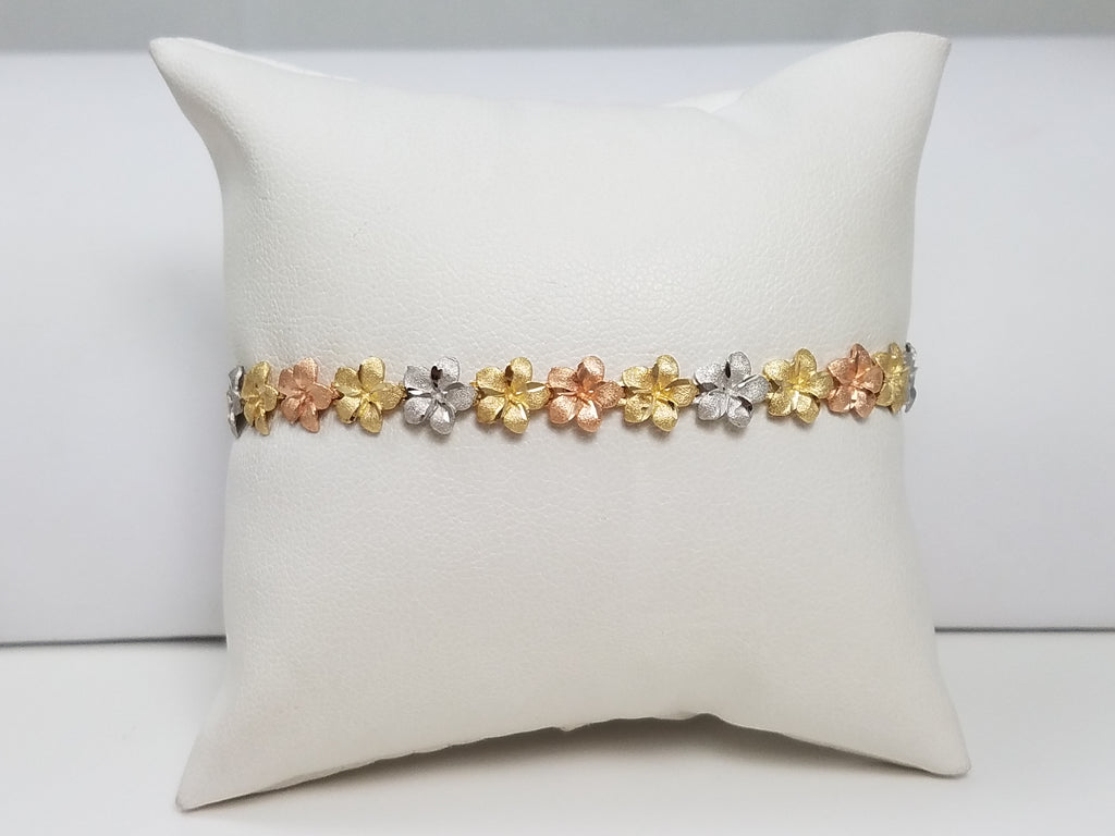 Precious 7.25" 14k Tri Color Gold Plumeria Flower Bracelet