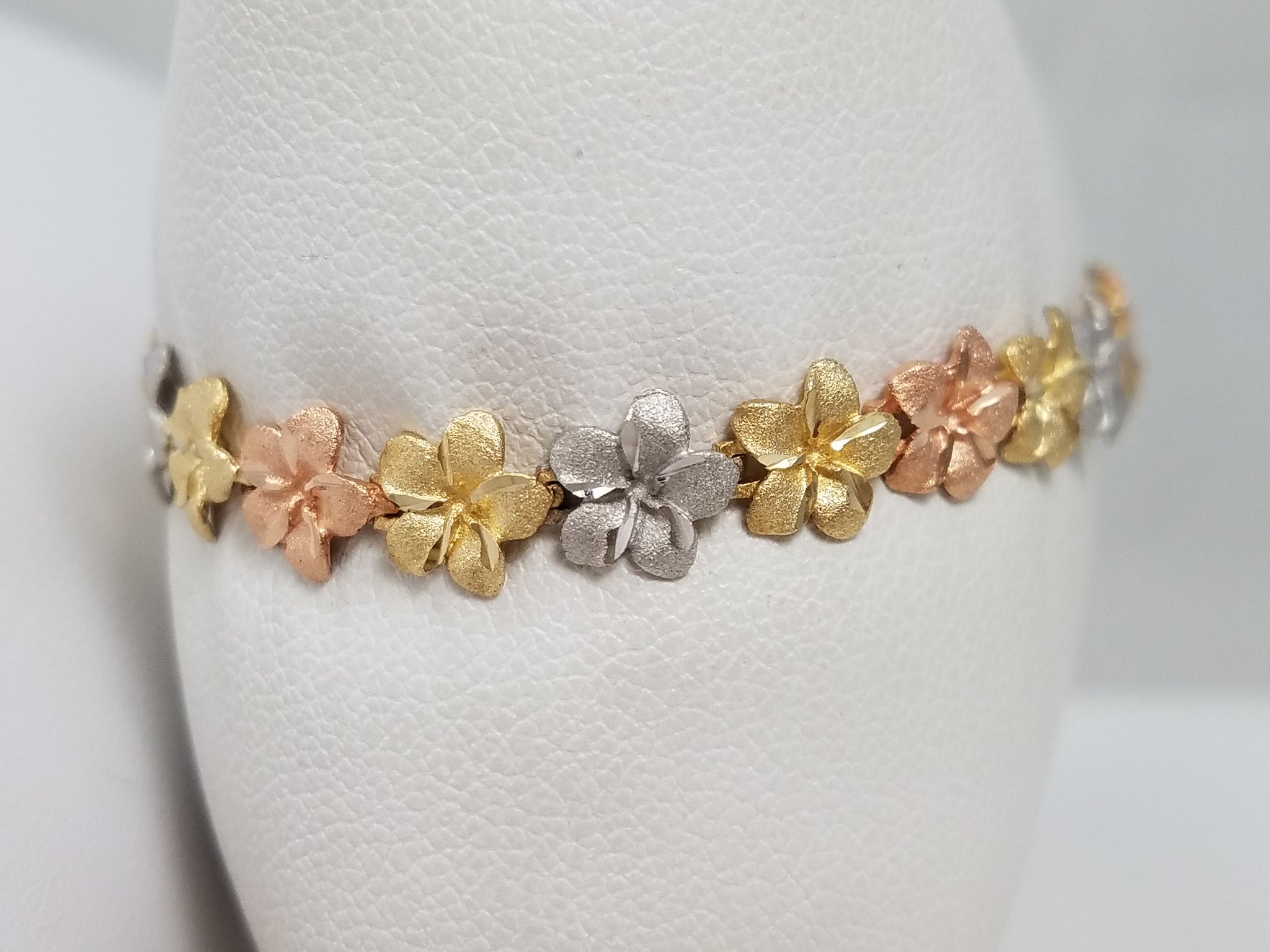 Precious 7.25" 14k Tri Color Gold Plumeria Flower Bracelet