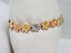 Precious 7.25" 14k Tri Color Gold Plumeria Flower Bracelet